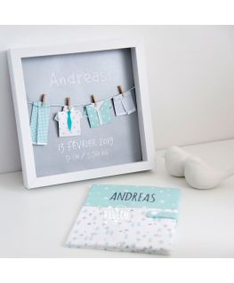 Cadre origami les tenues d'Andreas gris personnalisé avec ses mensurations de naissance