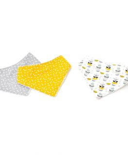 Lot de 3 bavoirs bandanas GMM "My sweet Oslo" (petits noeuds, triangles, fleurs) gris et jaune moutarde